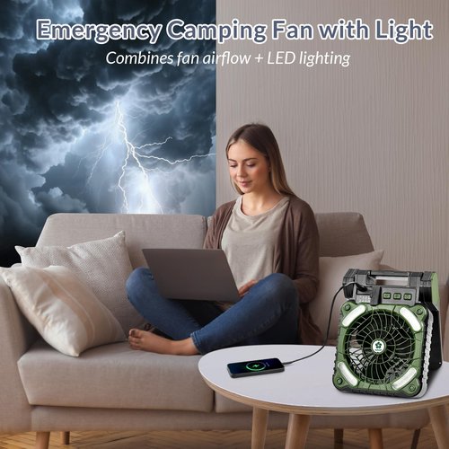 Indwell Portable Solar Camping Fan with LED Lantern - Rechargeable Battery Powered 5200mAh, Power Bank Function 4-Speed Cooling Dual Solar USB-C Charging Foldable for Outdoor Camping, Tent & Travel