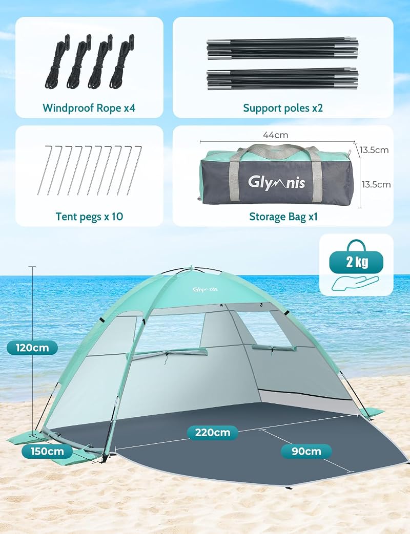 Glymnis 3 Person Beach Tent Sun Shelter UPF 50+ Easy Setup Green Variation: Green+3 Person