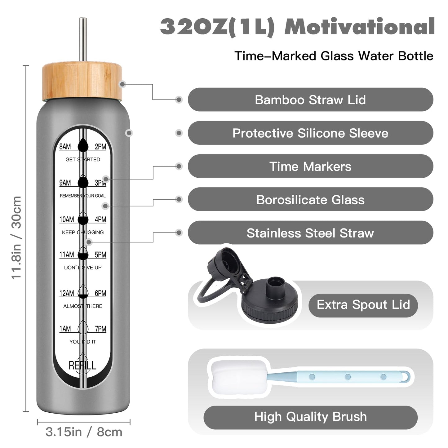 Sinekequnsun 32oz Glass Water Bottle with Time Marker, 2 Lids-Handle Spout Lid & Bamboo Straw Lid, 1 Liter Motivational Borosilicate Water Bottle for Gym, Office, Travel (Gray)