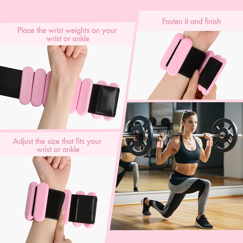 Pink Adjustable Wrist Ankle Weights 2 lb Set for Men Women - Silicone Comfort Fitness
