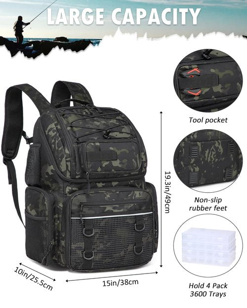 HAMBOLY Fishing Backpack with Tackle Boxes, 50L Fishing Tackle Bag with Cooler & Rod Holders, Waterproof Fishing Bag for Men