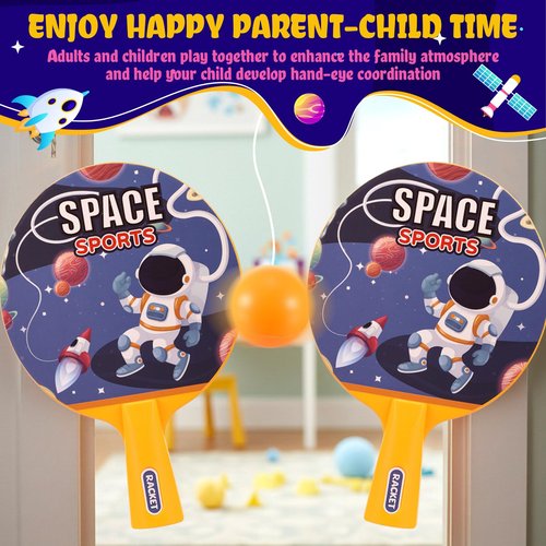 Soulchen Door Table Tennis Game Hanging Table Tennis Trainer Set, Includes Two Rackets with Space Themed Sticks, 4 Balls, a String Puller, and a Hook for Beginners