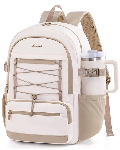 LOVEVOOK School Backpack for Teen Girls, Large Capacity College Student Backpacks with Water Bottle Holder, Cute Laptop Backpack Purse for Women, Lightweight Casual Travel Backpack, Beige-Khaki