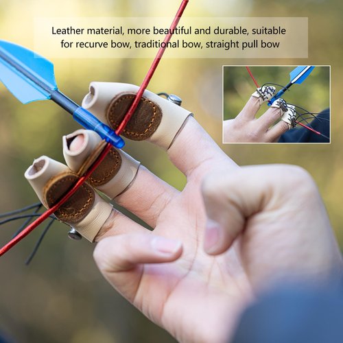 Prespollw Archery Gloves - Leather Finger Tab & Hand Guard for Recurve Bow & Traditional Bow - Protects Fingers & Hands for Hunting - Pack of 3 (Light Beige Brown)