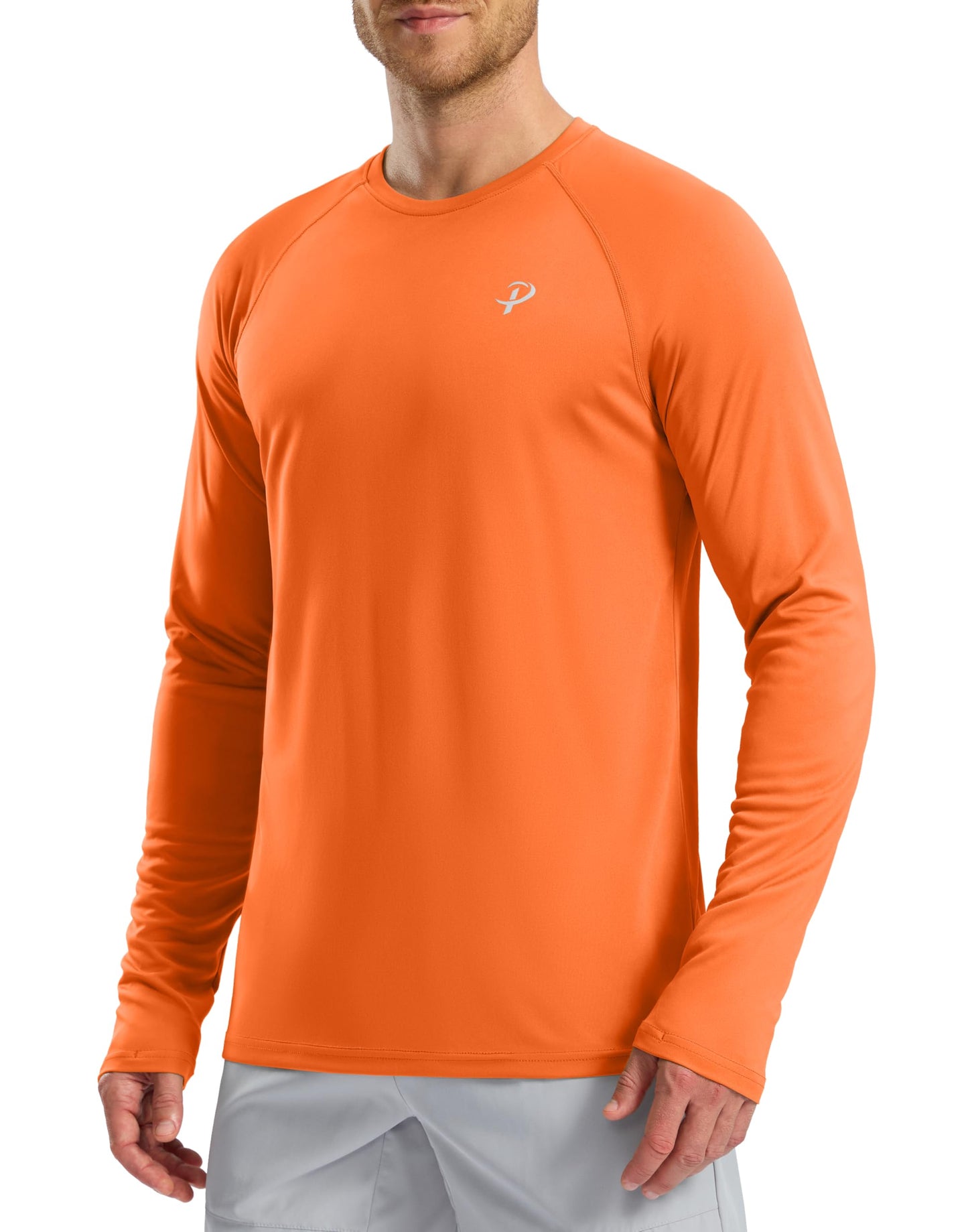 Pudolla Mens Long Sleeve Shirts UPF 50+ UV Sun Protection Athletic Shirts for Hiking Running Workout Rash Guard(Orange L)