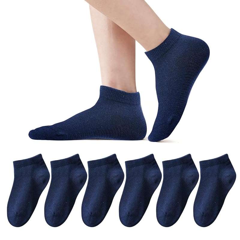 Navy 6 Pack Kids Seamless Ankle Socks - Low Cut No Show Cotton Athletic Socks