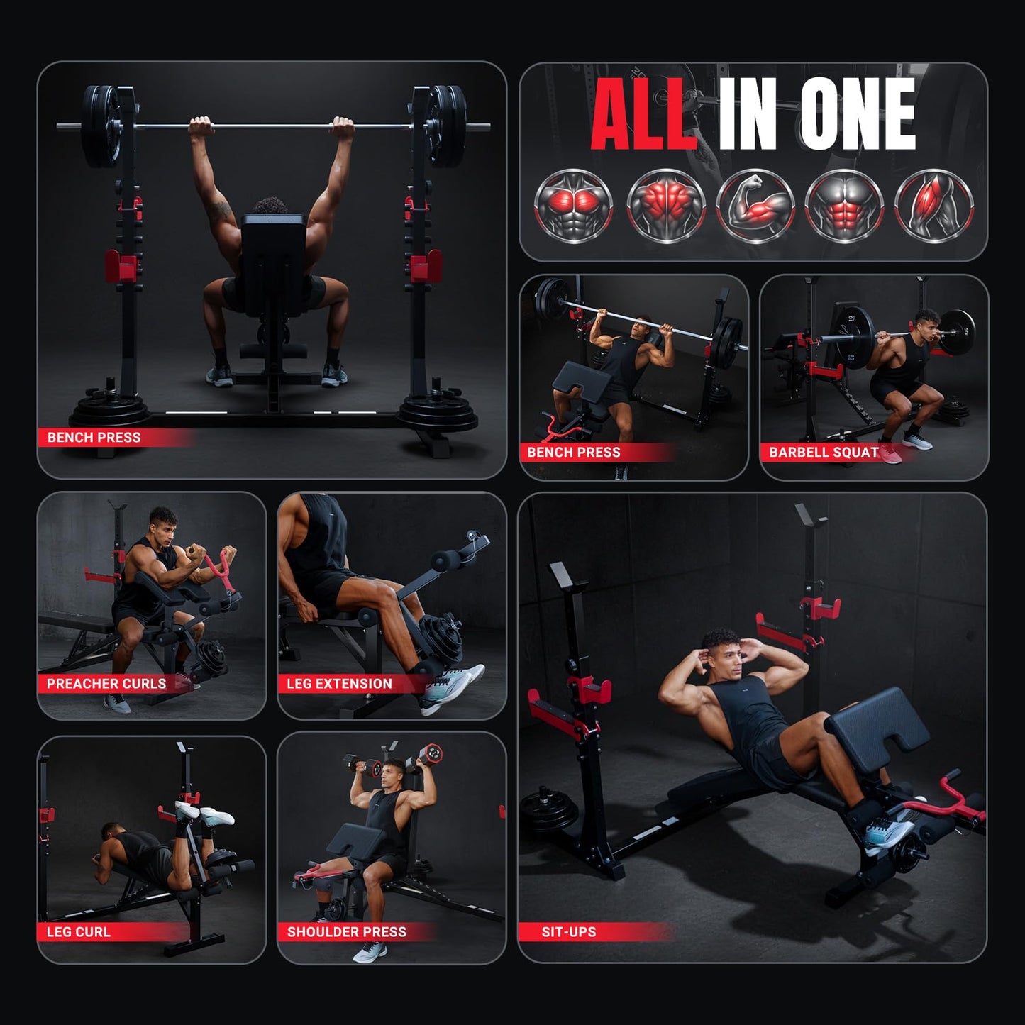 Yoleo 1980LBS Weight Bench with Rack - Bench Press Set, Leg Extension, Preacher Curl & Flat/Incline/Decline Full Body Workout Bench, Adjustable Olympic Weight Benches for Home Gym(47.44IN WIDE GRIP)