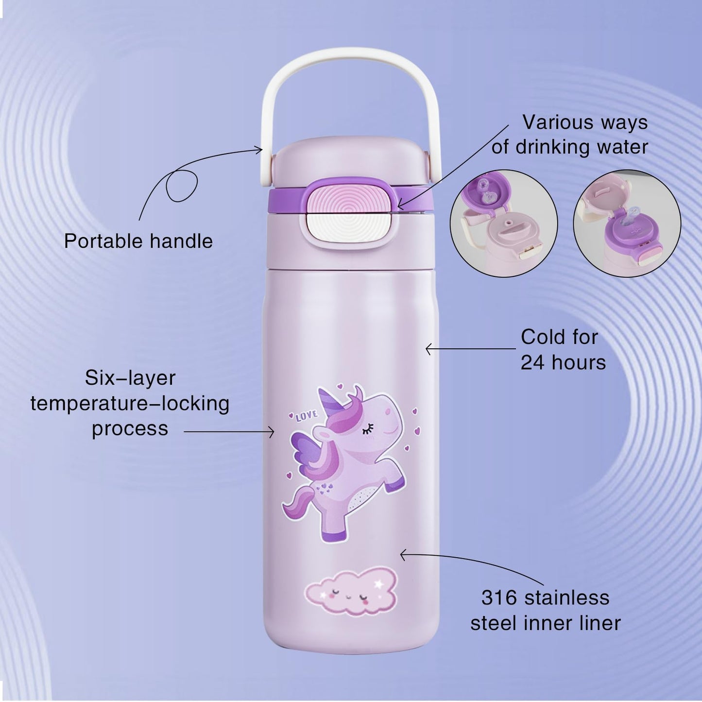 Water Bottle for Kids，Insulated Bottle with Straw, Vacuum Insulated Water Bottle for Boys&Girls, Leak-proof Insulated Tumbler（Purple, Unicorn）