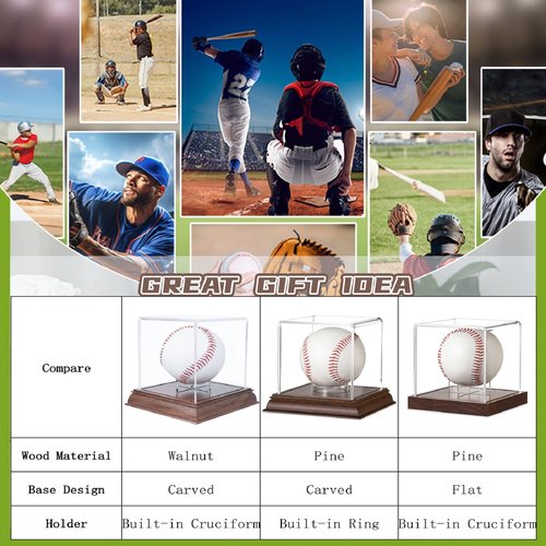 Yandino Baseball Display Case Acrylic Clear Cube Baseball Holder with Wooden Stand Memorabilia Showcase Autograph Ball Display Box UV Protected Wood Base Case for Balls