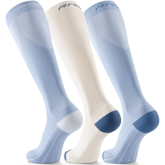 FITRELL 3 Pairs Compression Socks for Women and Men 20-30mmHg- Muscle Support Socks for Travel, Running, Nurse, Knee High, Dot Clear Days, Light Blue+White L/XL