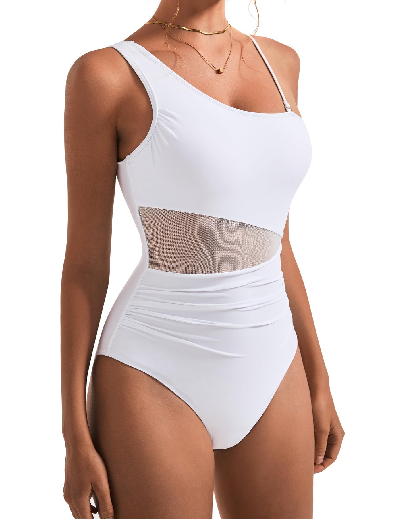 SUUKSESS Women Sexy Mesh One Shoulder One Piece Swimsuit Slimming Tummy Control Bathing Suit Cut Out Monokini Swimwear (White,M)