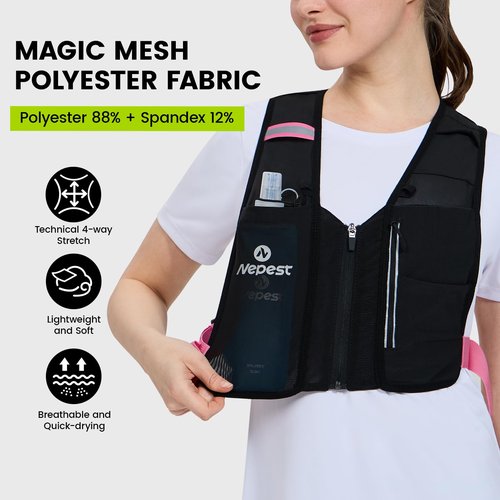 Nepest Running Vest for Women, Hydration Vest with 500ml Soft Flask, Reflective Vest for Cycling, 5.6oz Ultra-Thin Mesh Fabric, Pink