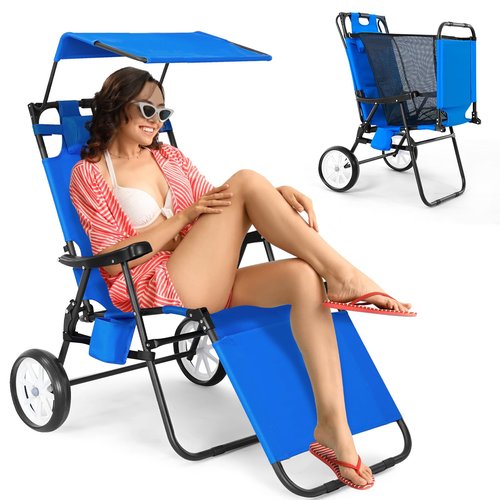Slsy Beach Cart Chairs with Wheels, 2 in 1 Heavy Duty Beach Chair with Canopy Shade, Folding Lounge Chair with Integrated Wagon Pull Cart Combination, Perfect for Backyard, Pool or Picnic