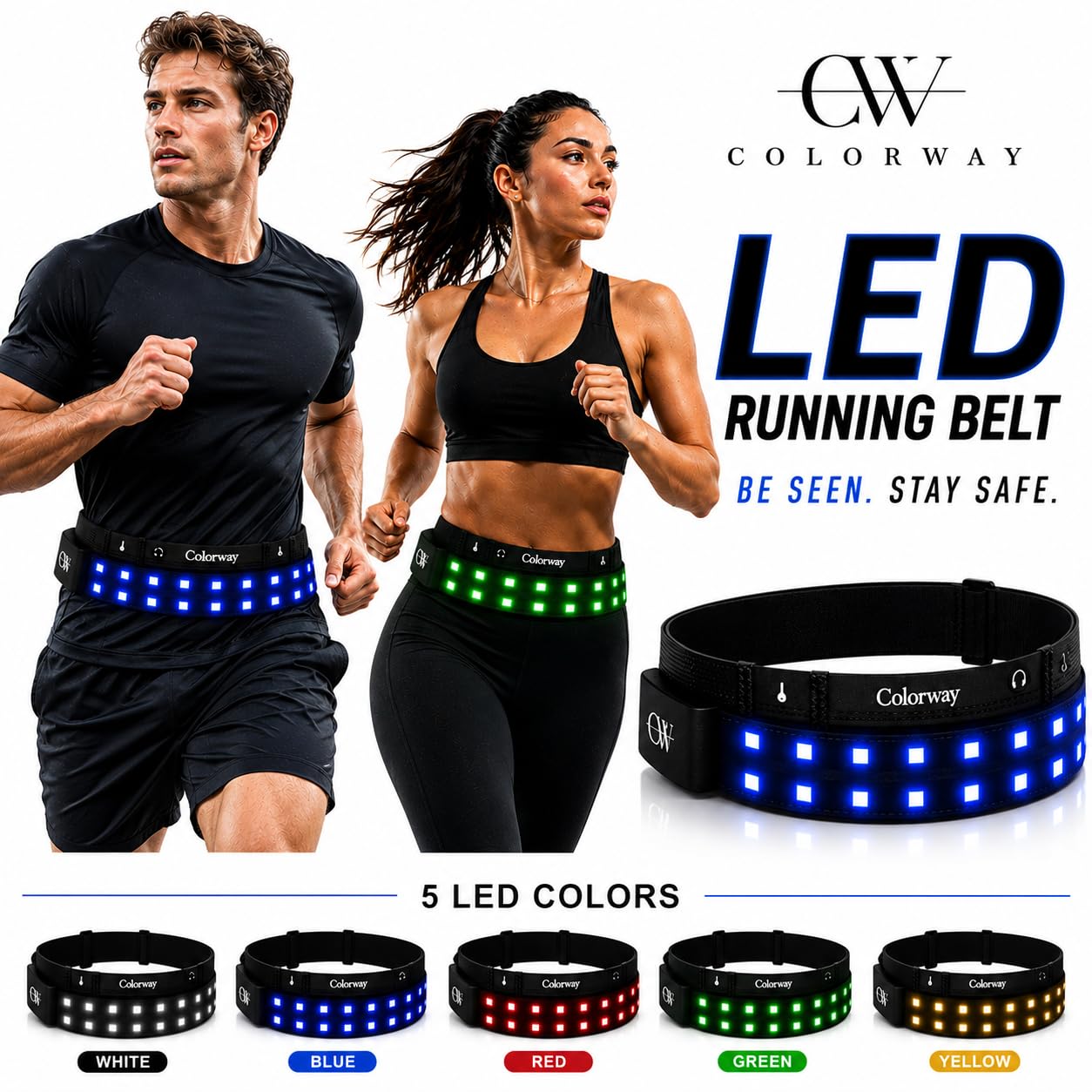 Colorway LED Running Belt - Reflective Running Gear with Removable Light Strip, 5 Bright Colors, USB Rechargeable, Adjustable Waist Pack, High Visibility, Night Safety Belts for Men and Women