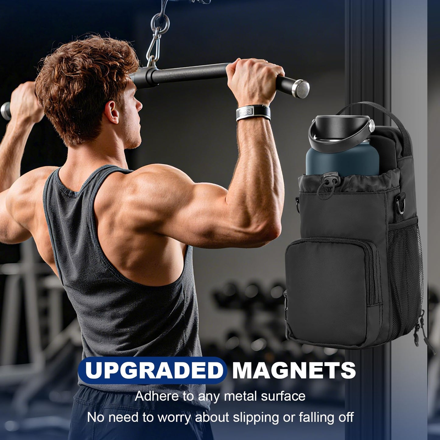 Magnetic Gym Bag Water Bottle Holder With Strap for Men and Women (Black)