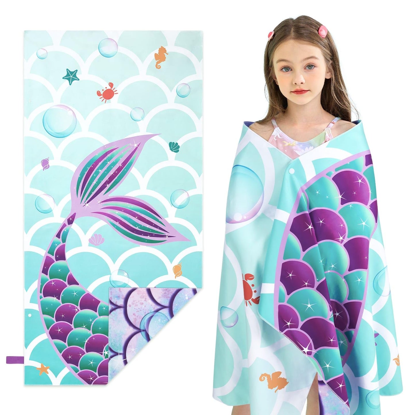 WERNNSAI Mermaid Kids Beach Towel for Girls, 30” x 60” Double-Sided Towels for Kids, Kids Beach Pool Bath Bathroom Swim Towel, Quick Dry Ultra Absorbent Super Soft Beach Blanket Towel