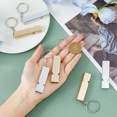 6Pcs 2 Colors Double Tube Whistle Alloy High Frequency High Decibel Keychain with Iron Key Rings