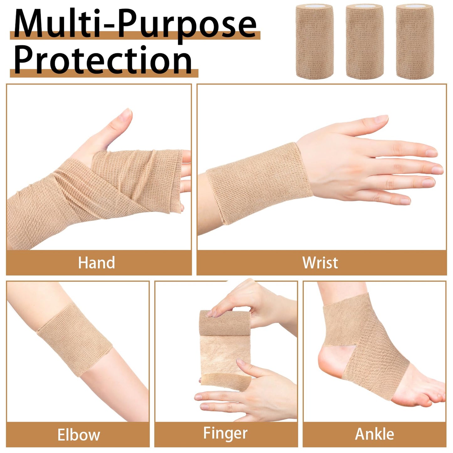 BEVTEE Self Adhesive Bandage Wrap 6 Pack, 4" X 5 Yards Elastic Coban Wrap, Compression Non-Woven Sports Athletic Tape for Wrist, Ankle, Hand, Leg, Swelling, Vet, Grip Tape