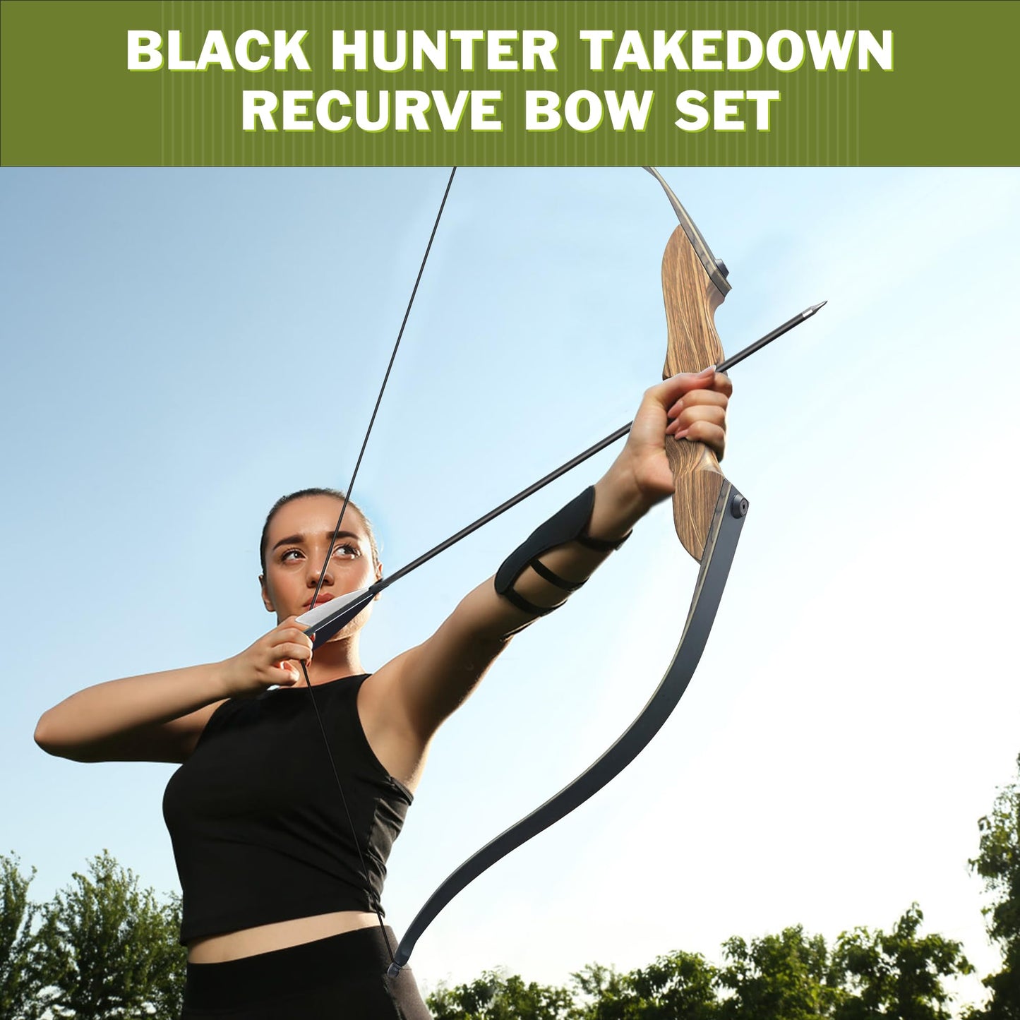 Black Hunter Recurve Bow and Arrow Set, GLURAK 60'' Wooden Takedown Recurve Bows Package, Archery Bow Kit for Target Practice and Hunting, Right Hand, 30LB