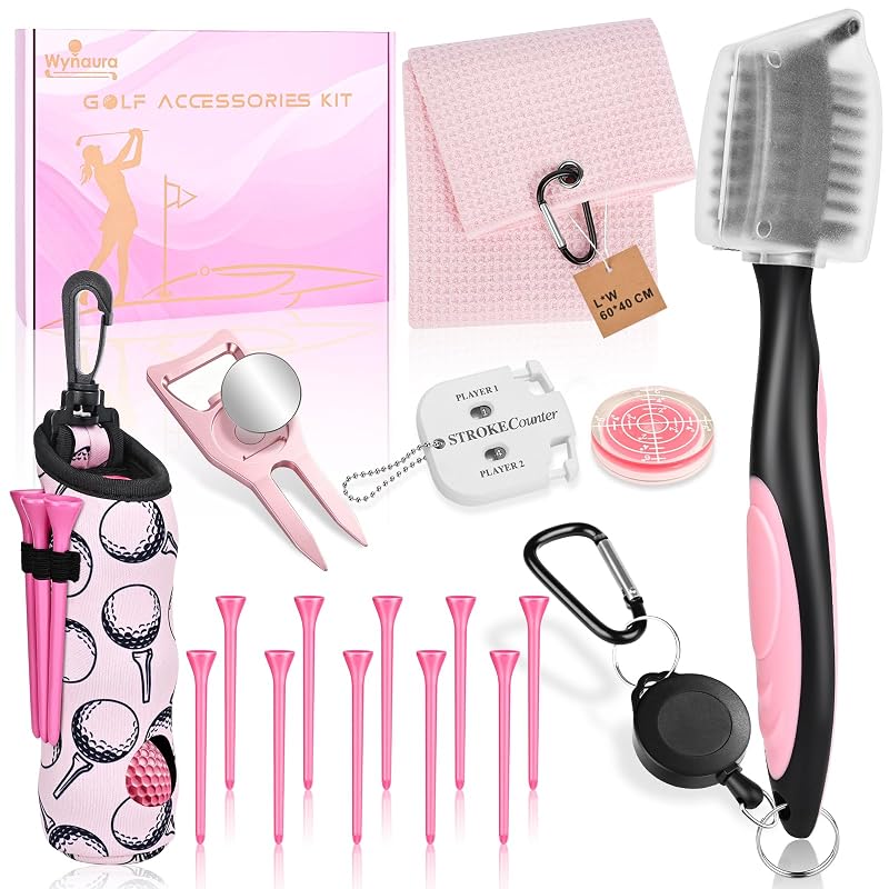 Pink 17 Pcs Golf Accessories Kit with Towel, Tees, Ball Marker, Divot Tool, Cleaner & Gift Box