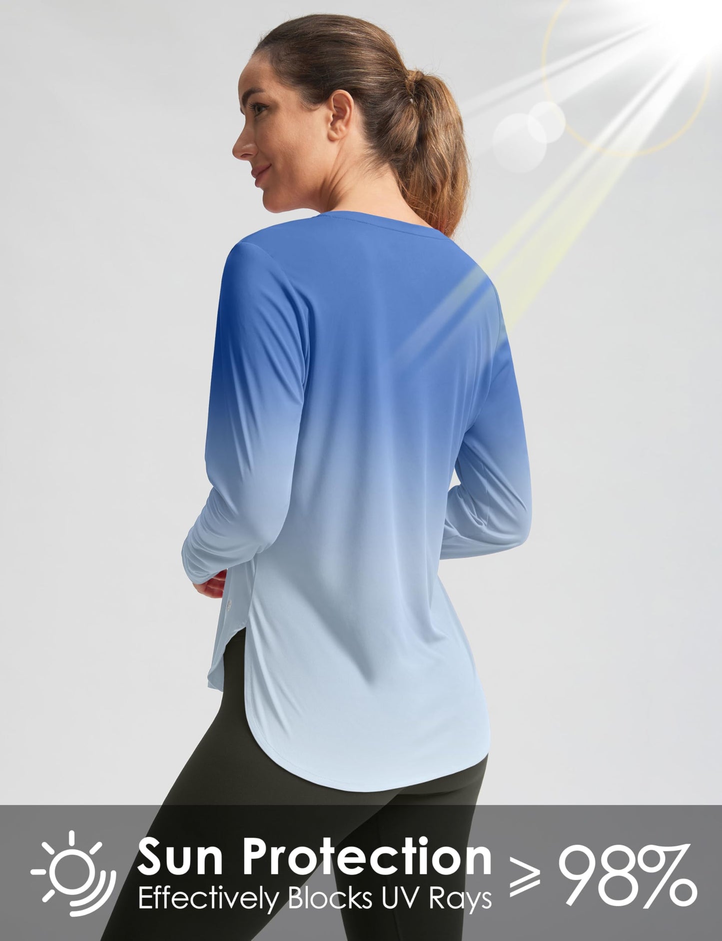 Women's Sun Shirts UPF 50+ Long Sleeve UV Protection Shirt Lightweight Quick Dry Workout Hiking Tops for Women(Blue/White Gradient,XXL)