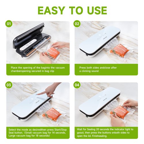 Amz Jet Vacuum Sealer for Food - Tempered Glass Panel, LED Touch Control, Digital Display, Pulse/Moist/Dry/Seal/External Suction Modes, Includes 30 Vacuum Bags & Built-in Cutter(White)