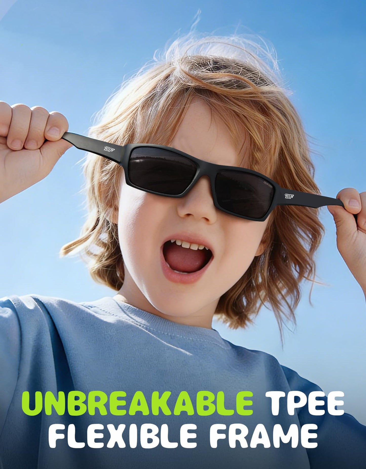DEAFRAIN Kids Sunglasses for Boys Girls Child Youth Sports Polarized Baseball Running Cycling Black Green Glasses with Unbreakable Frame for Age 8 9 10 11 12 13 14