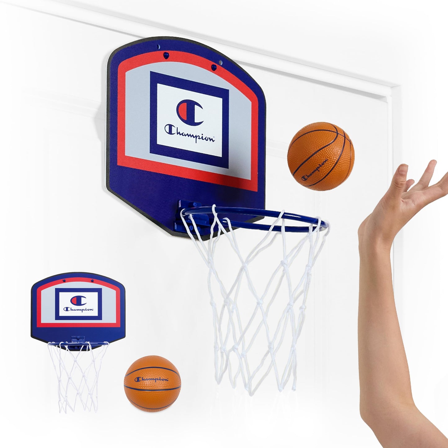 Champion 360 Mini Basketball Hoop Set (Red/White/Blue), Over-the-Door 10.5" x 8.5" Backboard with Spring-Loaded Foldable Rim & Nylon Net, Includes 3.5" Mini Ball for Quick Indoor Basketball Play