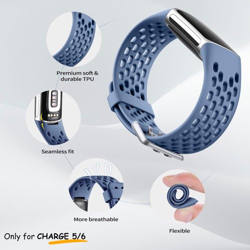 Maledan Compatible with Fitbit Charge 6/ Charge 5 Bands Women Men - Waterproof Sport Band Breathable Strap Replacement Wristbands for Fitbit Charge 6/ Charge 5 Accessories, Black/Navy Blue/Blue Gray