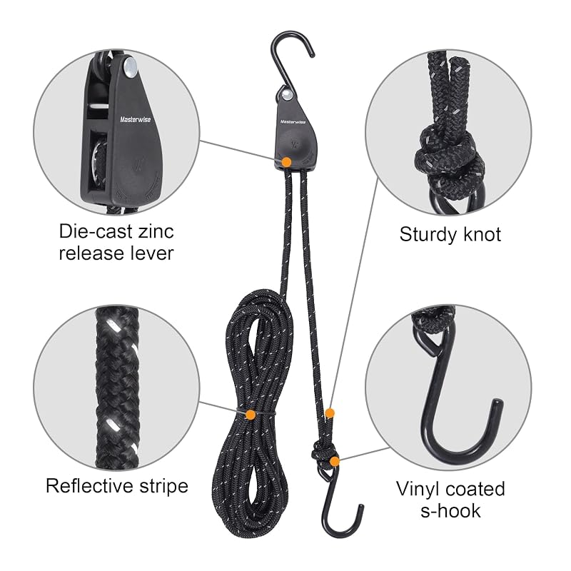 Masterwise 1/4" x12' Kayak Tie Down Straps with Reflective Stripe - 4 pcs (Black + 1/4"×12')
