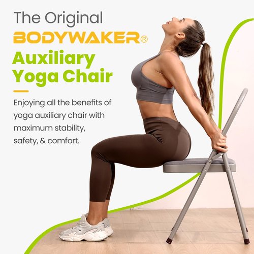 Foldable Yoga Auxiliary Chair with 3 Training Guide Posters for Versatile Exercises, Yoga Assist Handstand Chair with Detachable Lumbar Back Support for Stretching, Balance Training. (Grey)