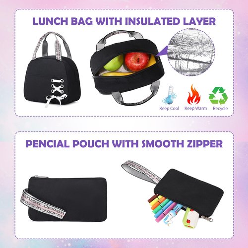 ACESAK Backpacks for Girls, Girls Backpack with Lunch Box and Pencil Case for Teen Kids Elementary Middle High School College Student, Children School Backpack Bookbag with USB Charging Port (Black)