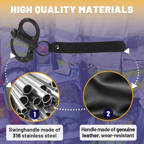 standwme 2-Pack Quick Release Clip Shackle for SCBA Mask - Firefighter Accessories, Quick Release Lanyard, Marine Grade 316 Stainless Steel Shackle for Rigging with Leather Handle（Black）