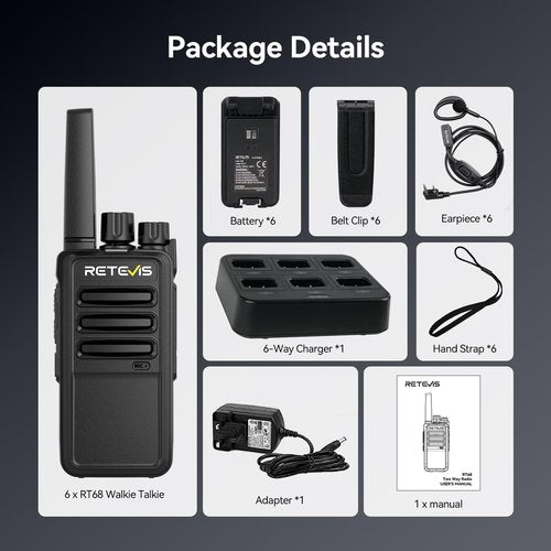 Retevis RT68 Walkie Talkies with Earpiece, Portable FRS Two-Way Radios Rechargeable, with 6 Way Multi Unit Charger, Hands Free, Long Range, Rugged 2 Way Radios 6 Pack for Adults School Church