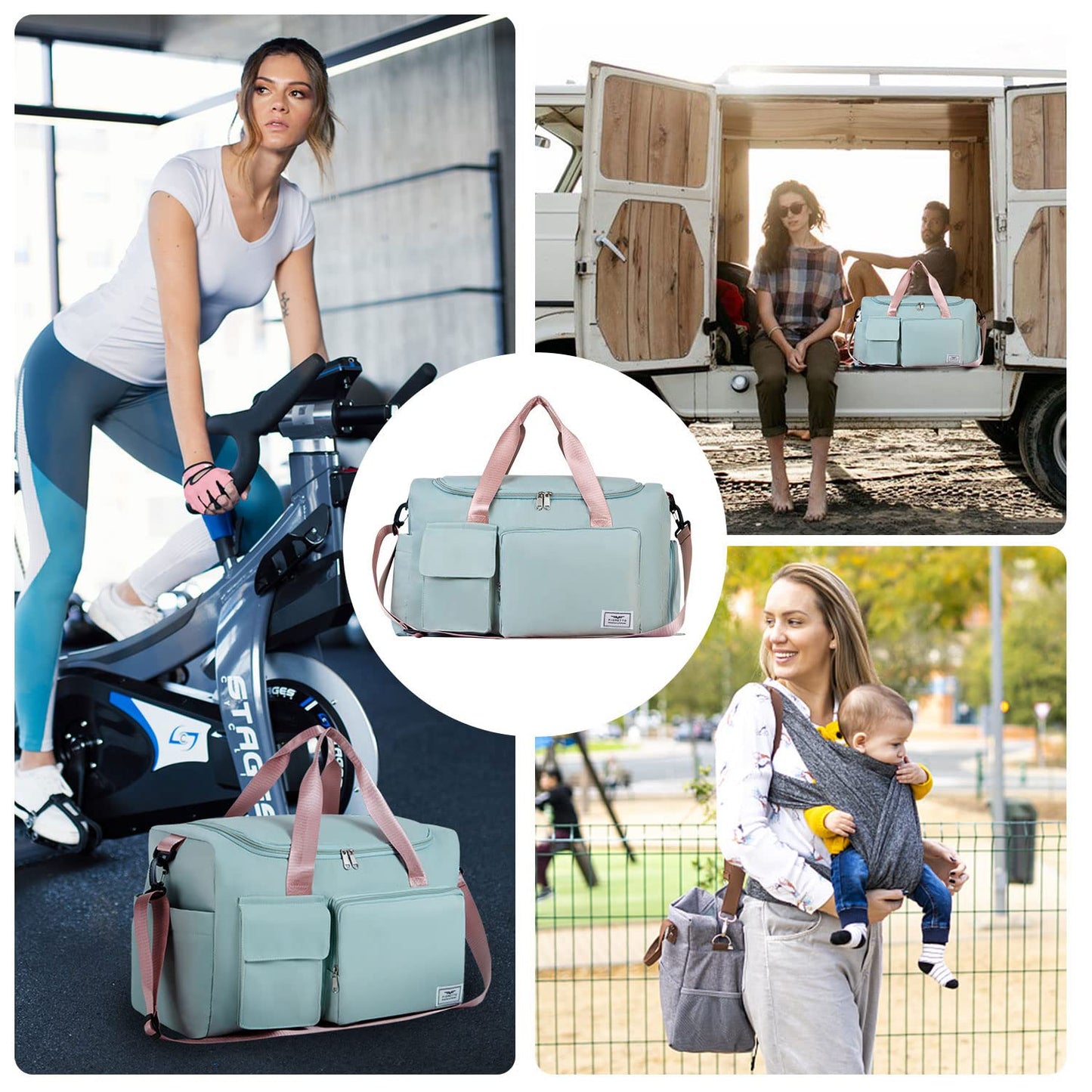 FIORETTO Women's Gym Duffle Bag with Shoes Compartment, 30L Capacity, Ideal for Travel, Gym, Sports, Duffel, Weekender, with Toiletry Bag, Green & Pink