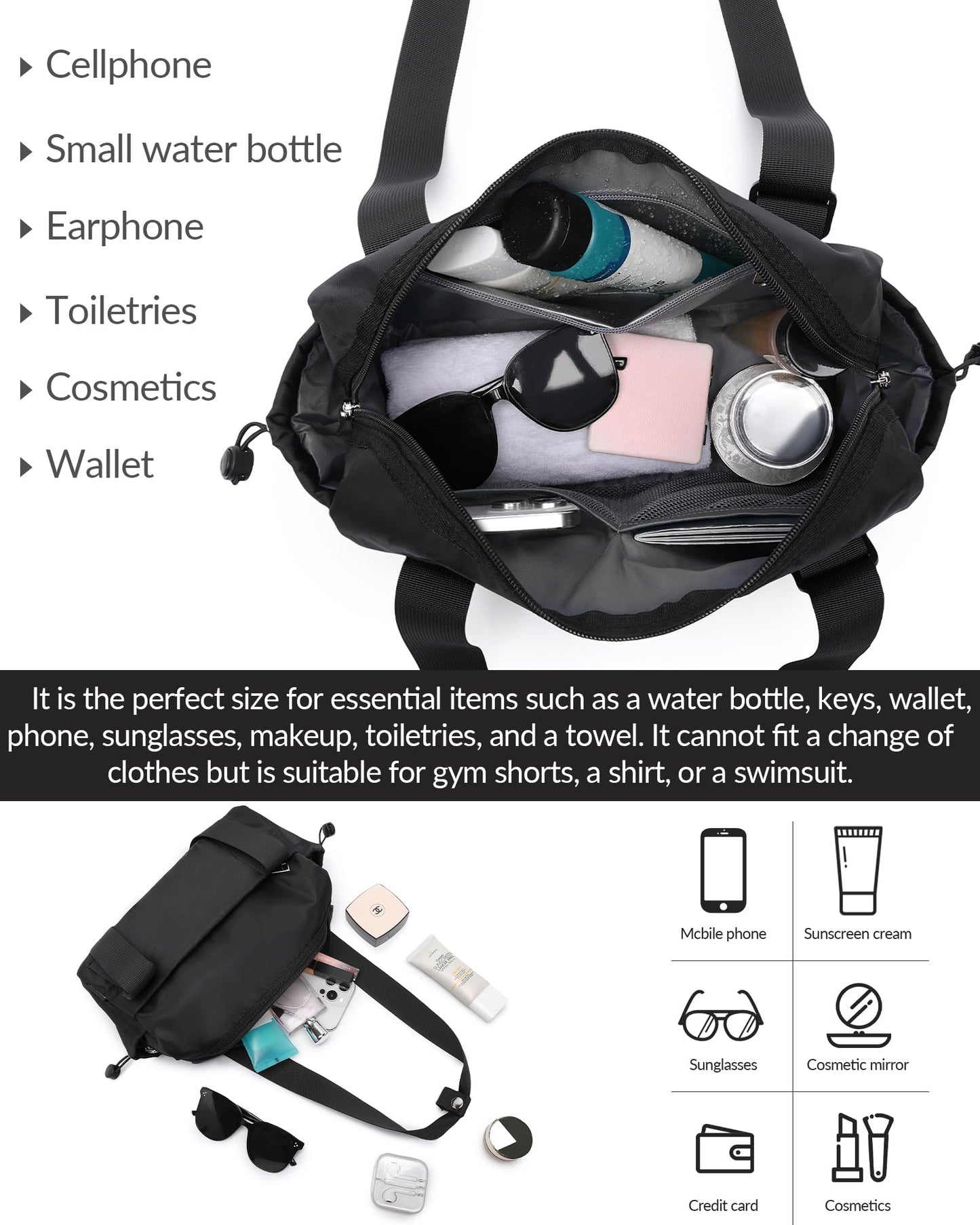 Small Gym Bag for Women Mini Duffle Bag with Wet Compartment, Lightweight Waterproof Cute Tote for Girls Workout Sport Travel, Black