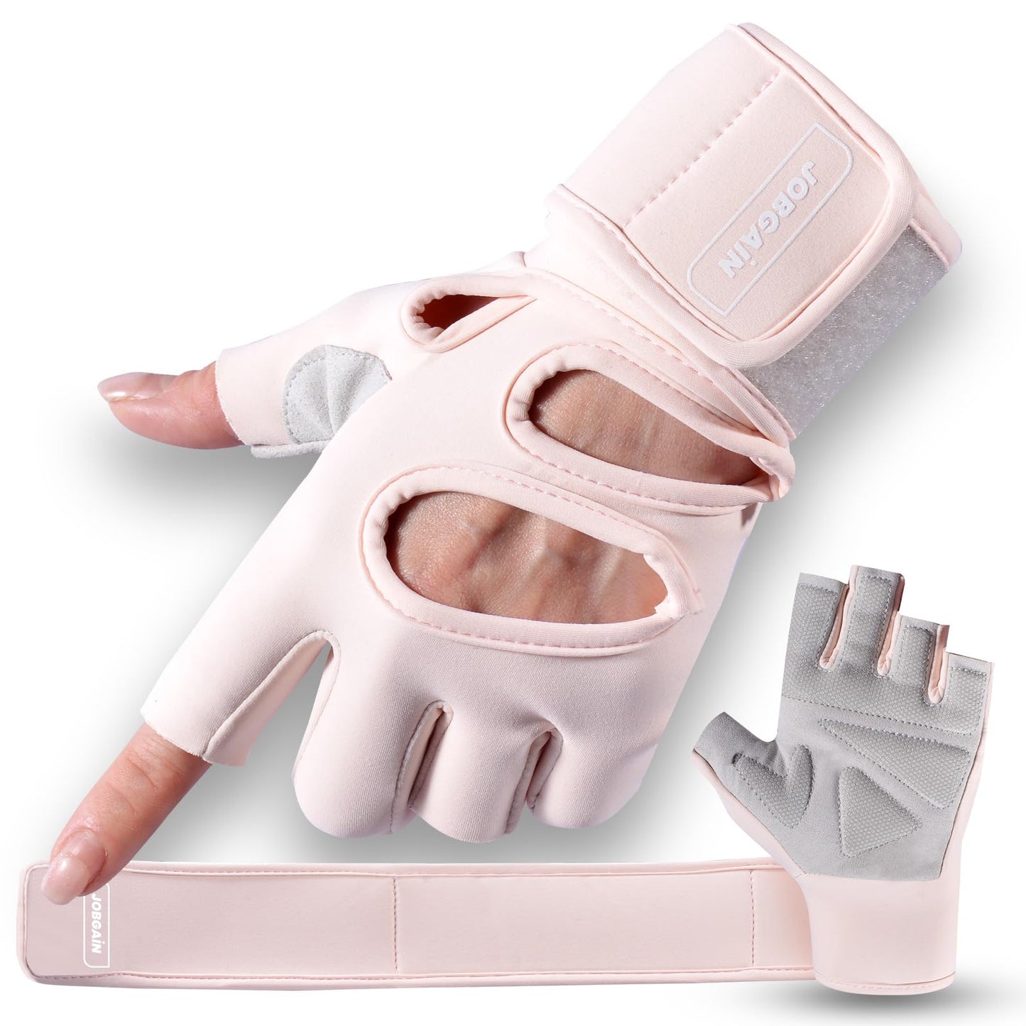 JOBGAIN Workout Gloves for Men and Women, Gym Weight Lifting Padded Gloves with Wrist Wrap Support, Full Palm Protection & Extra Grips, for Weightlifting, Exercise, Pull-Up, Pink, Size M