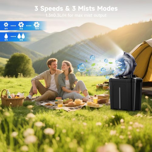 ROWXubau Portable Misting Fan with 11L Large Bucket for Outdoor Patios, 20000mAh Battery Operated Camping Fan with Hanging & Lighting, 3 Speed & 3 Spray Outlets, Rechargeable Fans for Fishing Garden