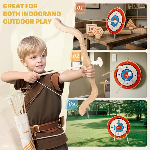 YIMORE Kids Bow and Arrow Set - Wooden Bow and Arrow for Kids 4-6 with 6 Arrows, 4 Targets, 1 Cotton Quiver, Indoor and Outdoor Archery Bow Gift Toys for Children Boys & Girls Ages 3-12