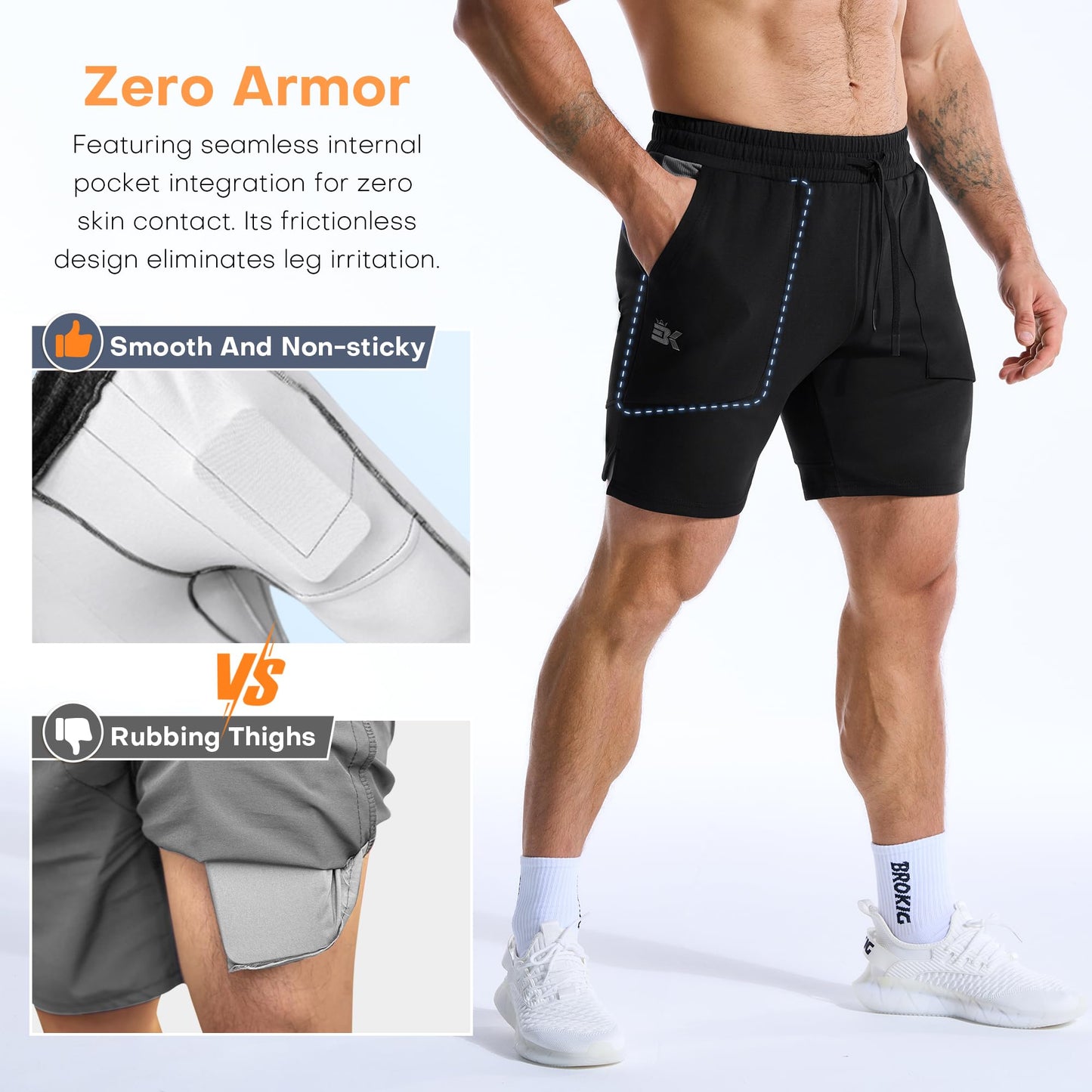 BROKIG Zero Armor Mens Gym Shorts 7" Inseam Slim Fit Anti-Chafing Cotton Workout Shorts with Zipper Pocket(Medium,Black)