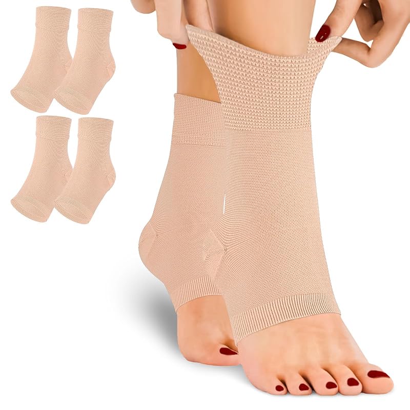 Compression Ankle Brace Sleeves Open Toe 8-15 mmHg - Beige, 2-Pack (Small/Medium) for Plantar Fasciitis