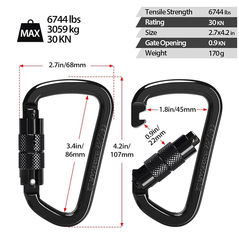 30KN Auto Locking Carabiner Clip Twist Lock Heavy Duty D-Shaped (2 Pack) Large Variation