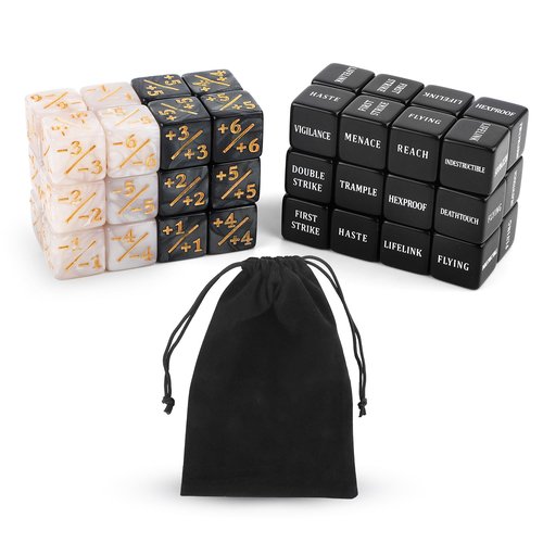48pcs Abilities Keywords Counter Dice, Acrylic Creature Stats Buff Tokens Dice Set Magic Counters with Velvet Bag for MTG TCG Card Gaming Accessories for The Gathering Party Table Games Bars