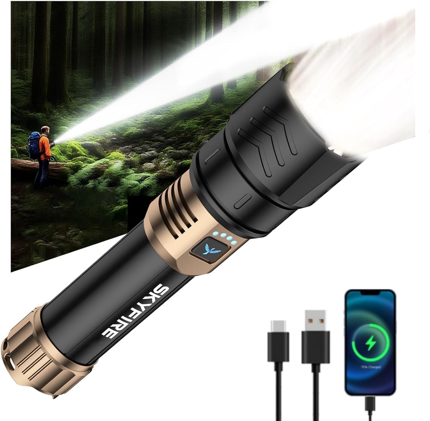 SKYFIRE Rechargeable Flashlights High Lumens,3000lm Super Bright Flashlight,Zoomable,4 Modes,Waterproof LED Flash Light for Camping Essentials,Outdoor and Home Emergencies