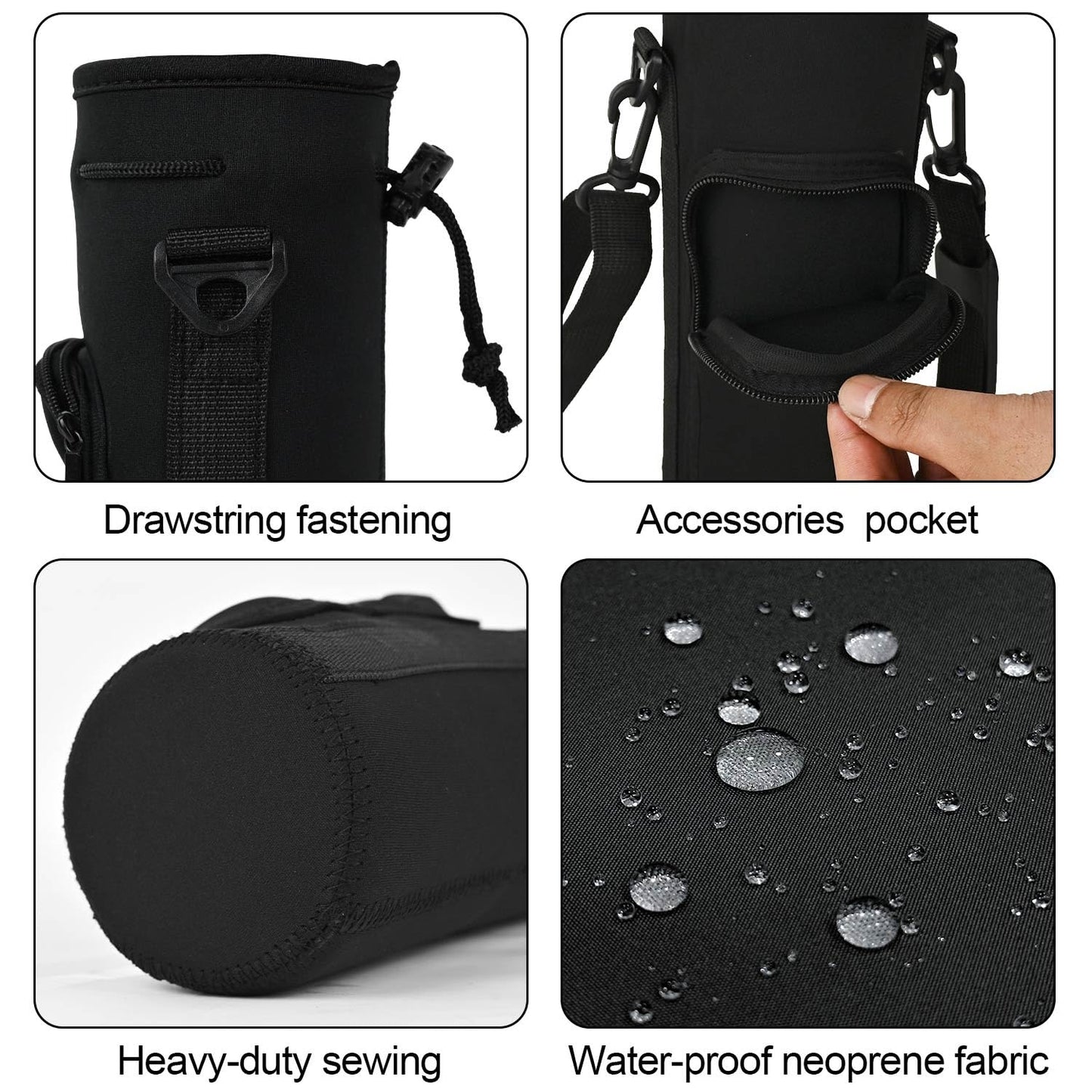NUENSS-ROR Water Bottle Carrier Bag for Owala FreeSip Insulated Stainless Steel Water Bottle 16oz 24oz 32oz 40oz, WaterBottle Sleeve Holder, Adjustable Shoulder Strap & Pocket (Black, 24 Oz)