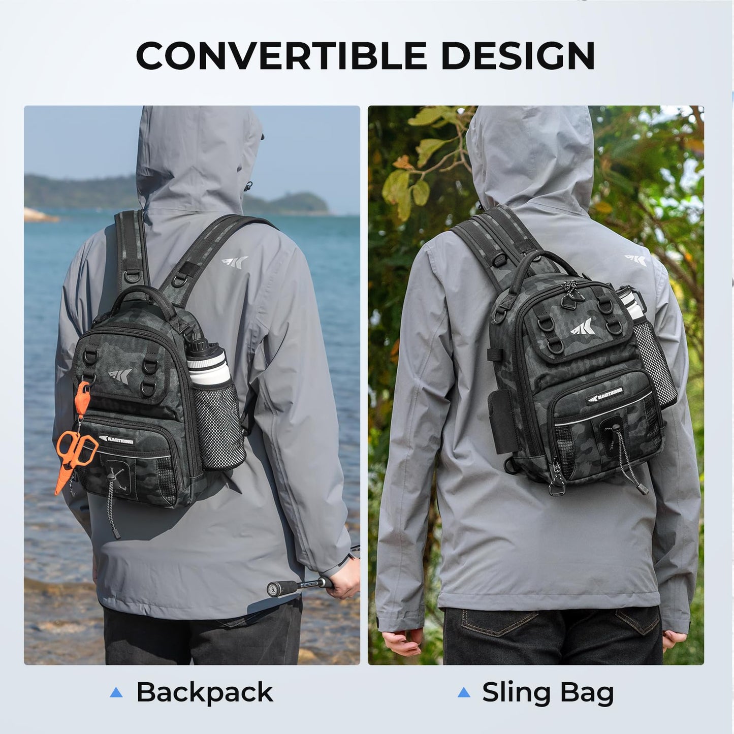 KastKing BaitSpace Standard Fishing Tackle Sling Bag, Water-resistant Backpack & Sling Pack for Bank, Wader & Boat Fishing, Rod & Beverage Holder, Adjustable Straps, Durable Nylon Fabric
