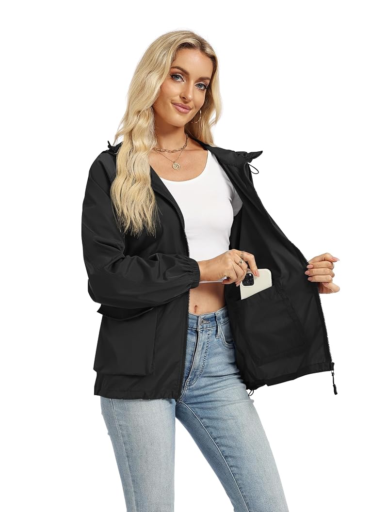 Avoogue Lightweight Packable Hooded Rain Jacket for Women - Black, Small