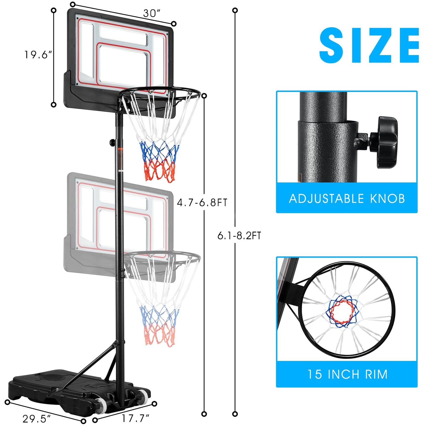 HYPATA Portable Basketball Hoop Outdoor, 4.7-6.9 FT Adjustable Basketball Hoop for Kids and Adults in Outdoor/Indoor,with Sturdy Base and Backboard,Easy Assembly for Home Use