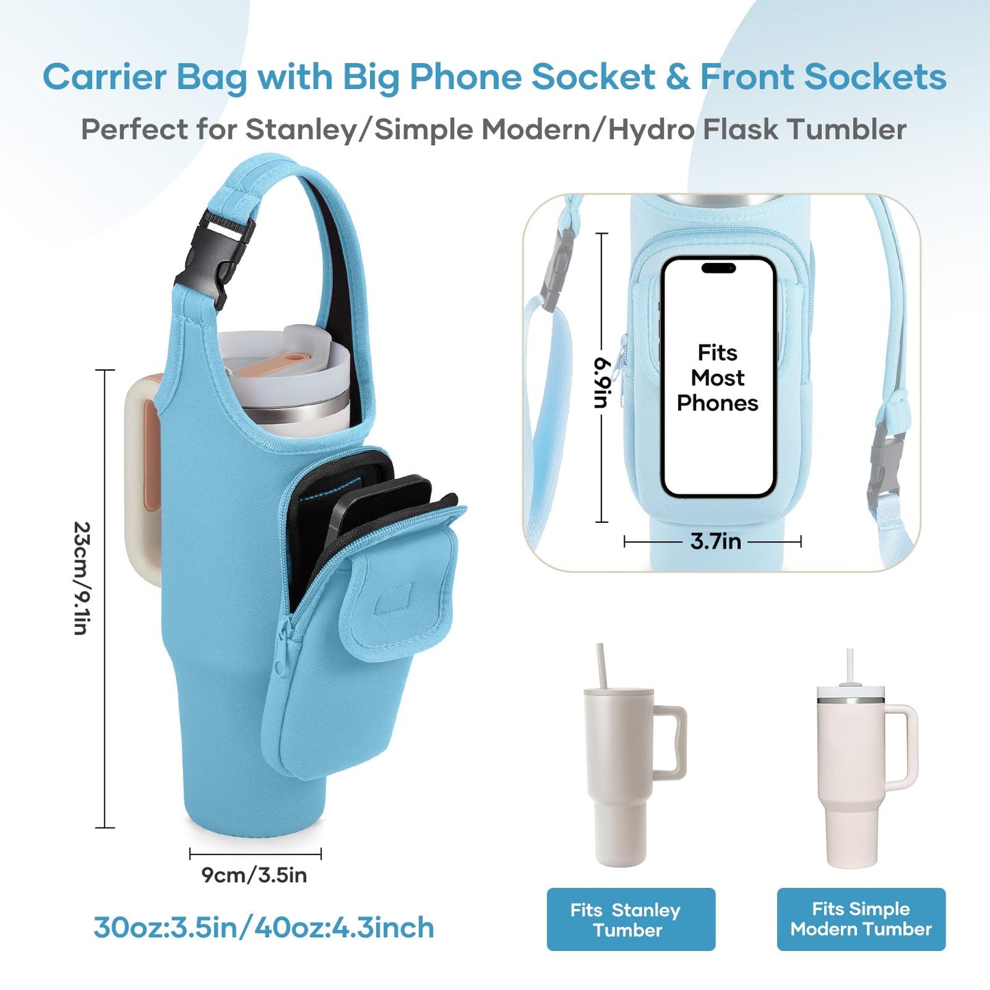 Bufilea Carrier Bag with Phone Holder Pockets for Stanley 40/30oz Tumbler with Handle, Insulated Neoprene Crossbody Bag Cup Holder w/Shoulder & Handheld Straps Fits Stanley Cup Accessories