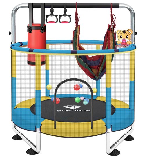 Trampoline for Kids, 5FT Adjustable for Toddler, Indoor/Outdoor Baby Trampoline with Enclosure Net, No-Gap Safe Design, Gifts for Boys & Girls (Yellow&Blue)